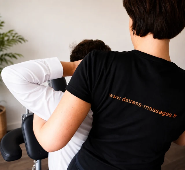 Professionnalisme d-stress lors d'une démonstration de massage assis en entreprise