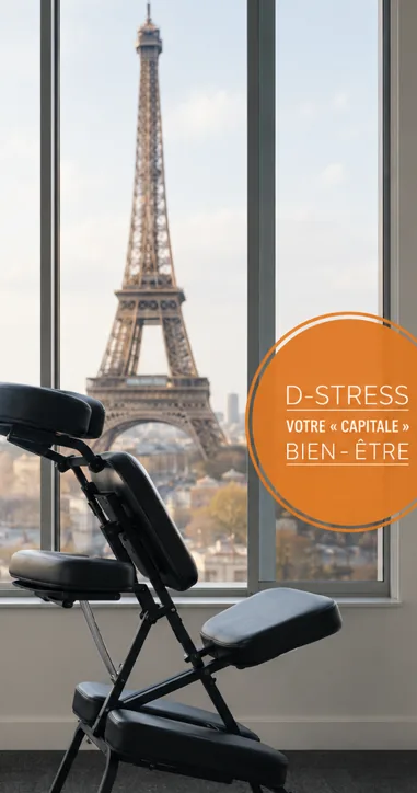 Chaise de massage d-stress devant la Tour Eiffel