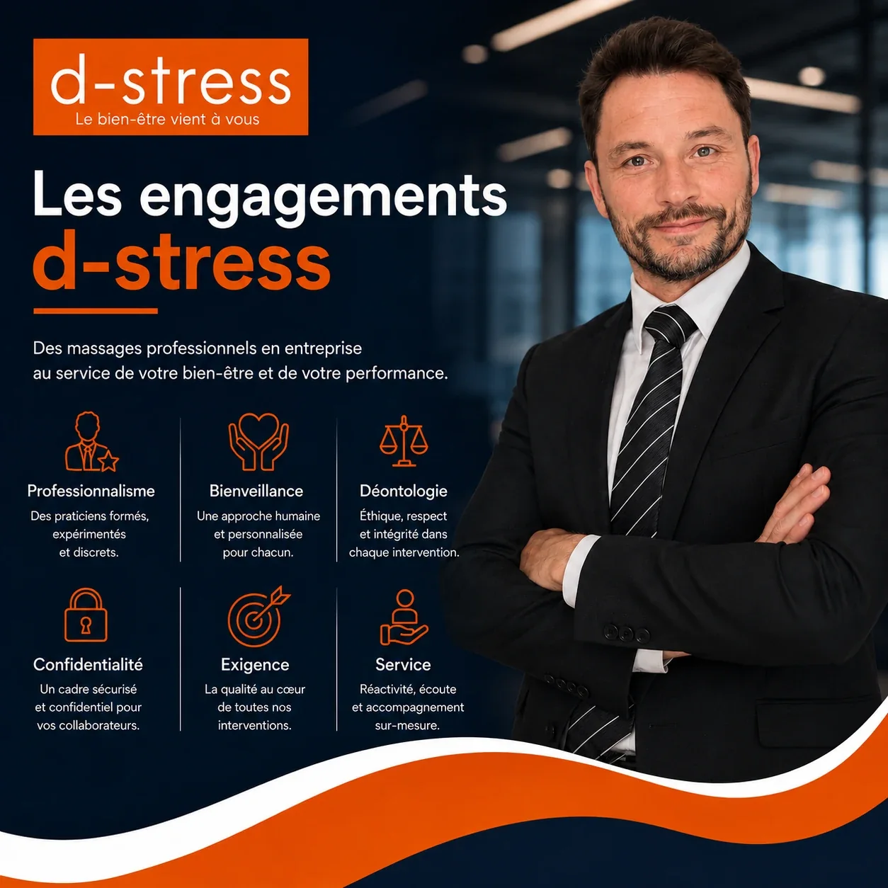 Les engagements d-stress : professionnalisme, bienveillance, déontologie, confidentialité, exigence et service